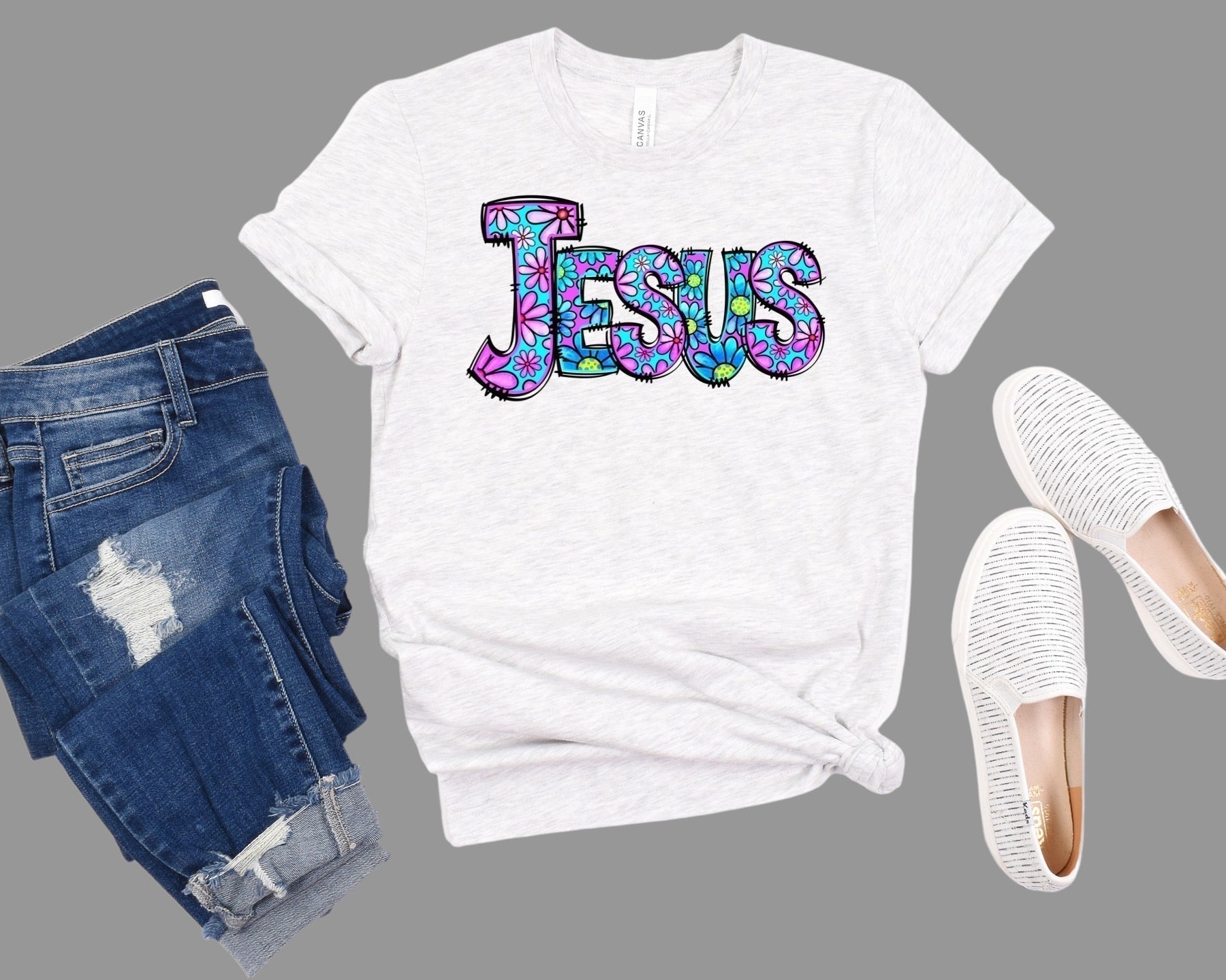 Jesus (Flower Letters) Ladies Short Sleeve Tee - Premium Ladies Short Sleeve T-Shirt -  Follower Of Faith ApparelCotton, Crew neck, DTG, Jesus floral print letter shirt, Jesus tee, ladies Christian t shirts, Neck Labels, Regular fit, T-shirts, Unisex, women's Christian t shirts, Women's Clothing Shop our Christian T-Shirts & Apparel