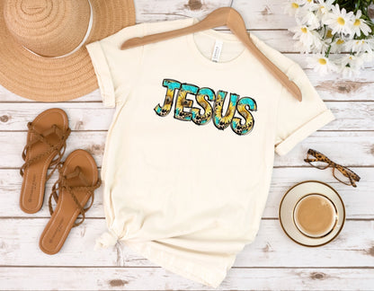 Jesus (Sunflower Print) Ladies Short Sleeve Tee - Premium Ladies Short Sleeve T-Shirt -  Follower Of Faith ApparelChristian t shirts for ladies, Christian t shirts for women, Cotton, Crew neck, Jesus sunflower print lettering tee, Jesus t shirt, ladies Short Sleeve t shirt, Neck Labels, Regular fit, T-shirts, Unisex, Women's Clothing Shop our Christian T-Shirts & Apparel