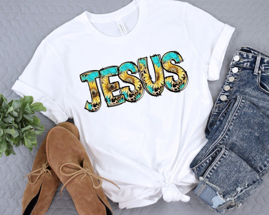 Jesus (Sunflower Print) Ladies Short Sleeve Tee - Premium Ladies Short Sleeve T-Shirt -  Follower Of Faith ApparelChristian t shirts for ladies, Christian t shirts for women, Cotton, Crew neck, Jesus sunflower print lettering tee, Jesus t shirt, ladies Short Sleeve t shirt, Neck Labels, Regular fit, T-shirts, Unisex, Women's Clothing Shop our Christian T-Shirts & Apparel