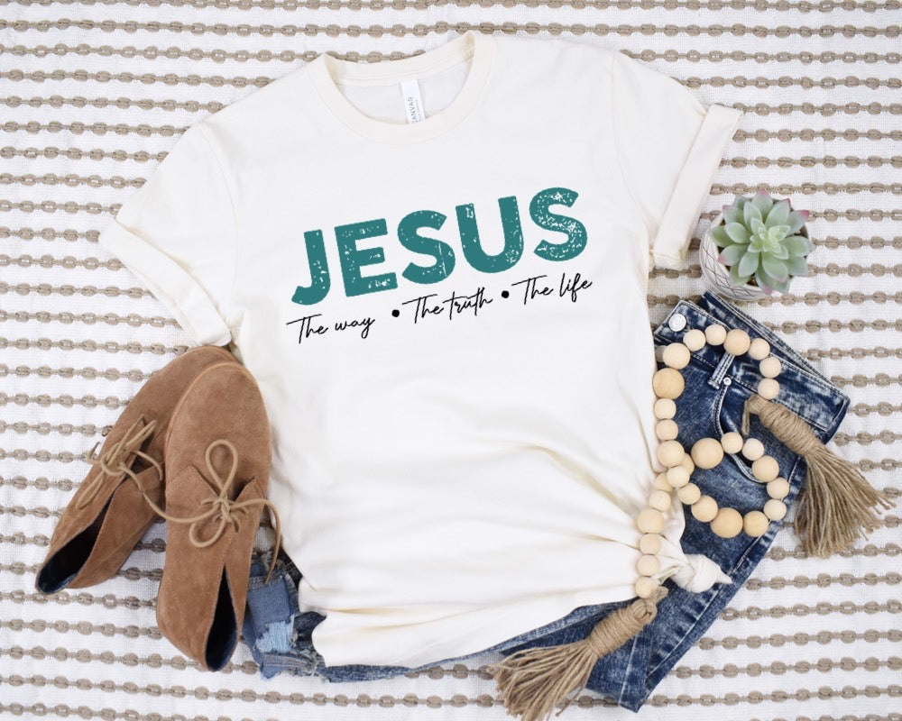 Jesus The Way, The Truth, The Life Tee - Premium Ladies T-Shirt -  Follower Of Faith ApparelChristian apparel, Christian T shirt, Cotton, Crew neck, DTG, faith apparel, Faith tees, Jesus is the way the truth the life tee, ladies Short sleeve, Men's Clothing, Neck Labels, Regular fit, Sale, T-shirts, Unisex, Women's Clothing Shop our Christian T-Shirts & Apparel