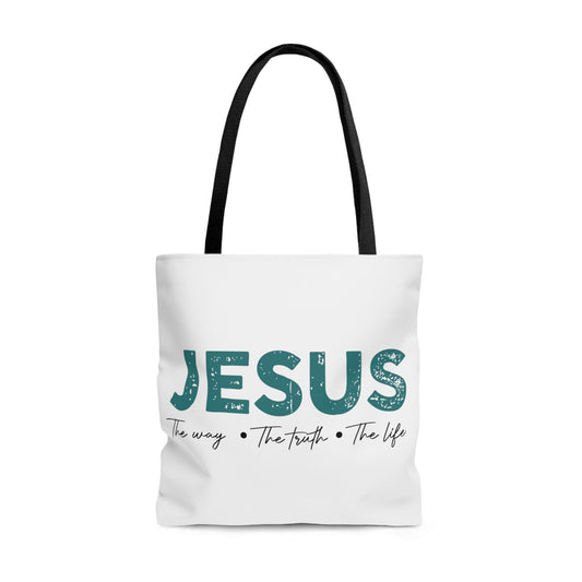 Jesus The Way. The Truth. The Light. Tote Bag - Premium Bags -  Follower Of Faith ApparelAccessories, All Over Print, Assembled in the USA, Assembled in USA, Bags, book tote bags, Christian book tote bag, Jesus the way, Jesus tote bag, librarian tote bags, Made in the USA, Made in USA, teacher tote bags, the life tote bag, the truth, Totes Shop our Christian T-Shirts & Apparel