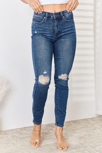 Judy Blue Bailey High Waist Distressed Slim Jeans{{ shop.domain }Trendsidenim distressed jeans, distressed, distressed jeans, JB Judy Blue, Judy Blue, Judy blue distressed,