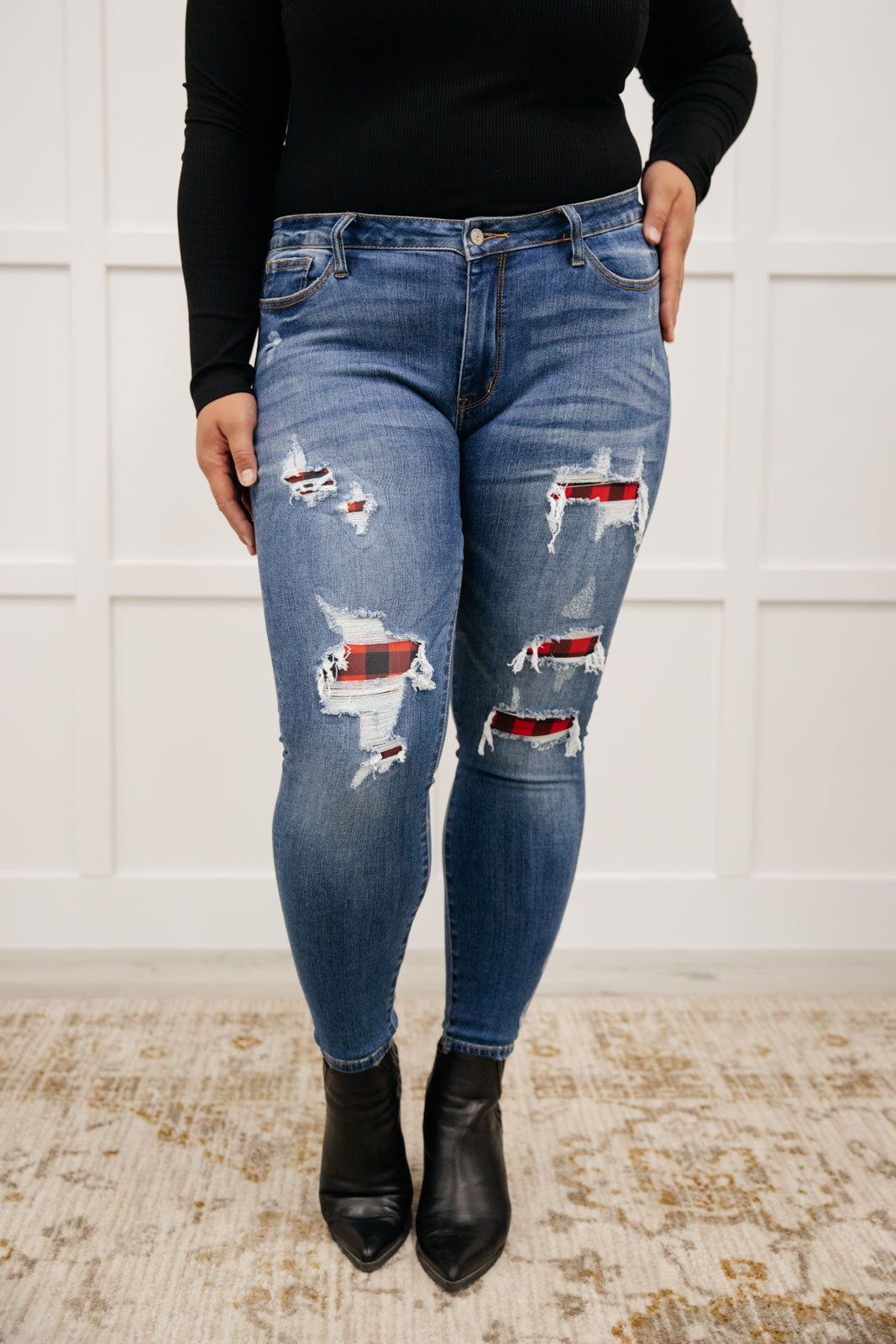 Judy Blue Buffalo Plaid Peek-A-Boo Skinnies - Premium Womens -  Follower Of Faith Apparel 0/24, 1/25, 11-3-2022, 11-9-2021, 11/30, 13/31, 14W, 15/32, 16W, 18W, 20W, 22W, 24W, 3/26, 5/27, 7/28, 9/29, Ave Marketplace, Bottoms, Denim, FD11-17-2023, Final Few Friday, flatrate, JBAvailableNow, Judy Blue, Re-Release Shop our Christian T-Shirts & Apparel