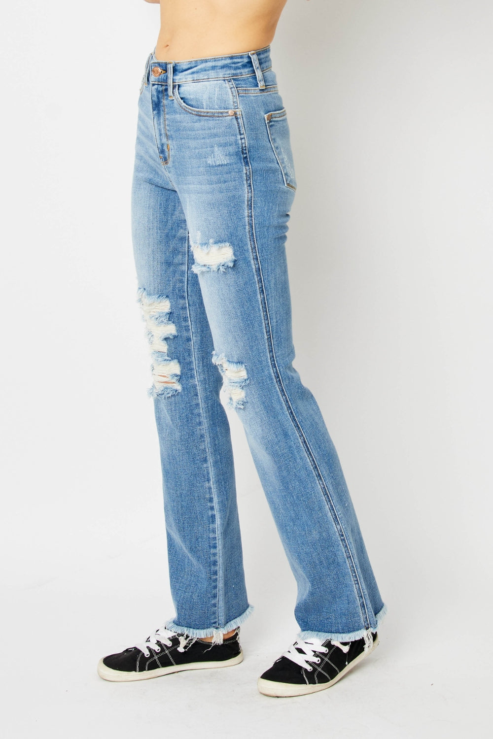 Judy Blue Chic Distressed Raw Hem Bootcut Jeans - Premium Ladies jeans -  Follower Of Faith Apparel best seller Judy blue, boot cut, Destroyed judy blue jeans, JB Judy Blue, Judy Blue, Judy blue raw hem pants, new arrival, new arrivals, Sale, Ship from USA Shop our Christian T-Shirts & Apparel