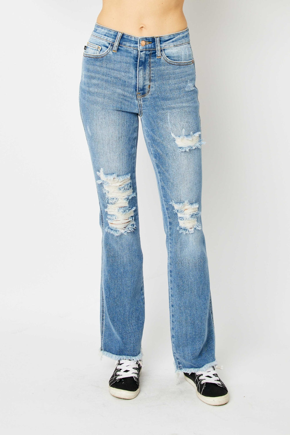 Judy Blue Chic Distressed Raw Hem Bootcut Jeans - Premium Ladies jeans -  Follower Of Faith Apparel best seller Judy blue, boot cut, Destroyed judy blue jeans, JB Judy Blue, Judy Blue, Judy blue raw hem pants, new arrival, new arrivals, Sale, Ship from USA Shop our Christian T-Shirts & Apparel