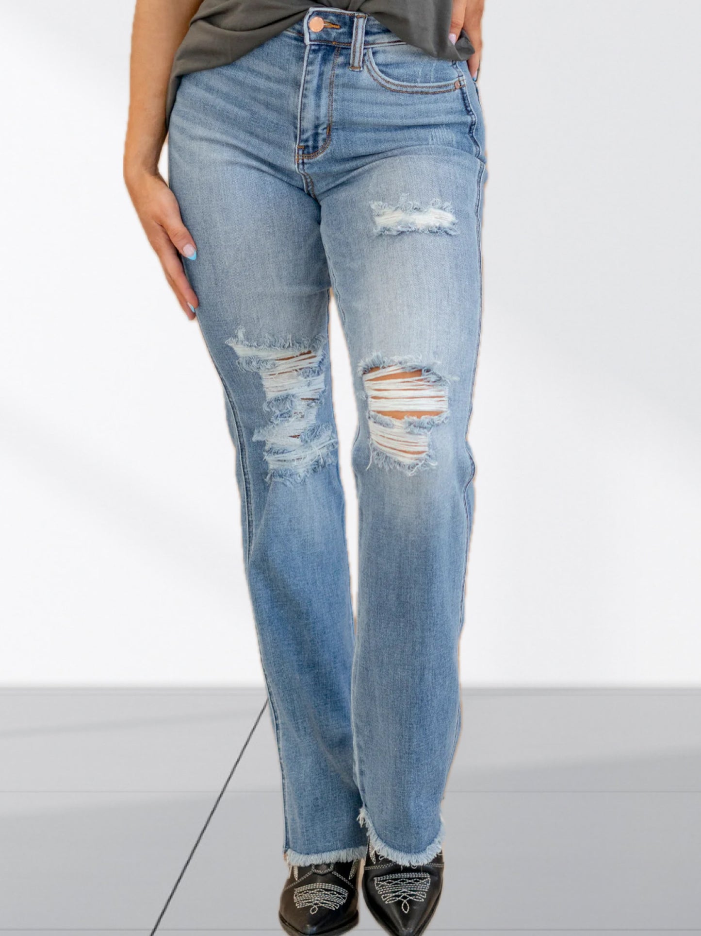 Judy Blue Chic Distressed Raw Hem Bootcut Jeans - Premium Ladies jeans -  Follower Of Faith Apparel best seller Judy blue, boot cut, Destroyed judy blue jeans, JB Judy Blue, Judy Blue, Judy blue raw hem pants, new arrival, new arrivals, Sale, Ship from USA Shop our Christian T-Shirts & Apparel