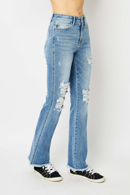 Judy Blue Chic Distressed Raw Hem Bootcut Jeans - Premium Ladies jeans -  Follower Of Faith Apparel best seller Judy blue, boot cut, Destroyed judy blue jeans, JB Judy Blue, Judy Blue, Judy blue raw hem pants, new arrival, new arrivals, Sale, Ship from USA Shop our Christian T-Shirts & Apparel