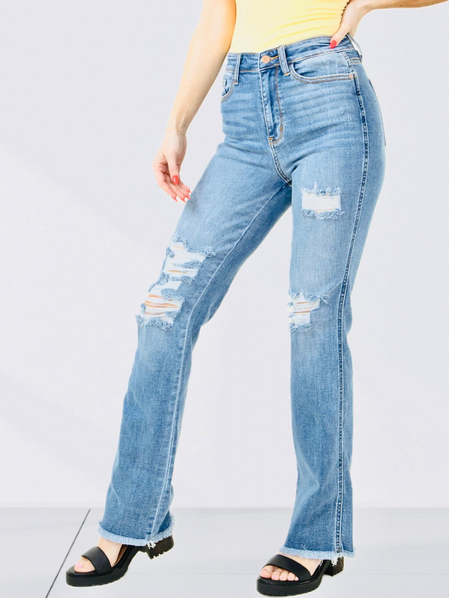 Judy Blue Chic Distressed Raw Hem Bootcut Jeans - Premium Ladies jeans -  Follower Of Faith Apparel best seller Judy blue, boot cut, Destroyed judy blue jeans, JB Judy Blue, Judy Blue, Judy blue raw hem pants, new arrival, new arrivals, Sale, Ship from USA Shop our Christian T-Shirts & Apparel