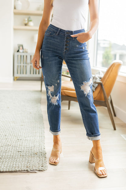 Judy Blue Colt High Rise Button Fly Distressed Boyfriend Jeans - Premium Womens -  Follower Of Faith Apparel 0/24, 1/25, 11/30, 13/31, 14W, 15/32, 16W, 18W, 20W, 22W, 24W, 3/26, 5/27, 6-14-2023, 7/28, 9/29, ASF7-13-2023, ASF8-1-2023, ASFWINTER23, Ave Marketplace, Bottoms, D23, Denim, flatrate, JB6-14-2023, JBAvailableNow, Jeans, Judy Blue, winter23 Shop our Christian T-Shirts & Apparel