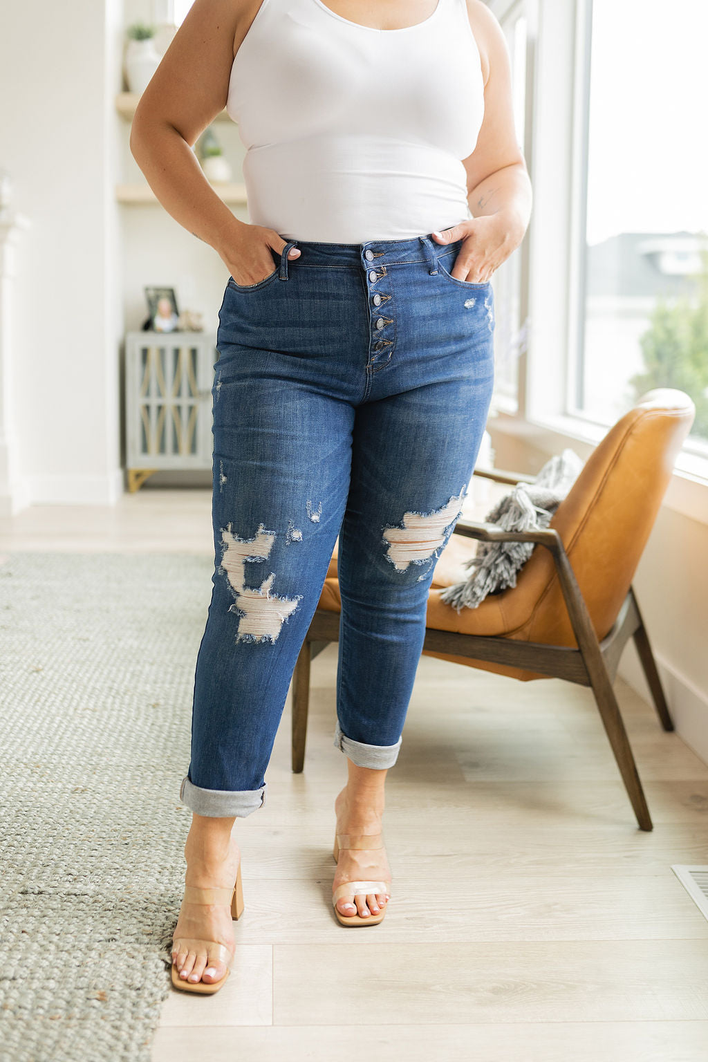 Judy Blue Colt High Rise Button Fly Distressed Boyfriend Jeans - Premium Womens -  Follower Of Faith Apparel 0/24, 1/25, 11/30, 13/31, 14W, 15/32, 16W, 18W, 20W, 22W, 24W, 3/26, 5/27, 6-14-2023, 7/28, 9/29, ASF7-13-2023, ASF8-1-2023, ASFWINTER23, Ave Marketplace, Bottoms, D23, Denim, flatrate, JB6-14-2023, JBAvailableNow, Jeans, Judy Blue, winter23 Shop our Christian T-Shirts & Apparel