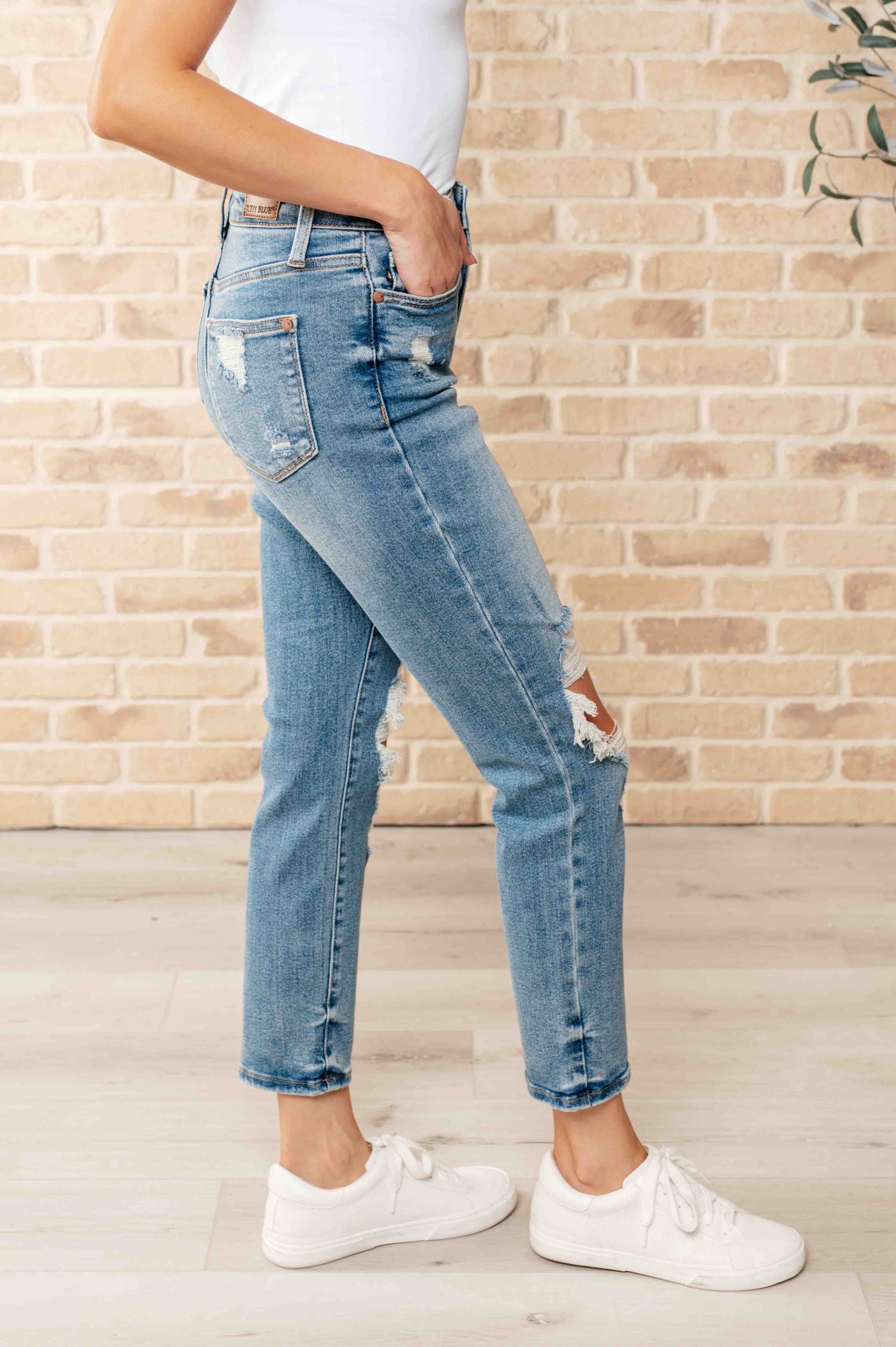 Judy Blue Frankie High Waist Distressed Boyfriend Jeans - Premium Womens -  Follower Of Faith Apparel 0/24, 1/25, 11/30, 13/31, 14W, 15/32, 16W, 18W, 20W, 22W, 24W, 3/26, 5/27, 6-26-2024, 7/28, Bottoms, Boyfriend jeans, denim distressed jeans, Destroyed judy blue jeans, distressed, distressed jeans, flatrate, high rise jeans, high waist jeans, JB Judy Blue, JB6-26-2024, JBAvailableNow, Jeans for women, Judy Blue, Judy Blue Jeans, new arrival, new arrivals, Sale Shop our Christian T-Shirts & Apparel