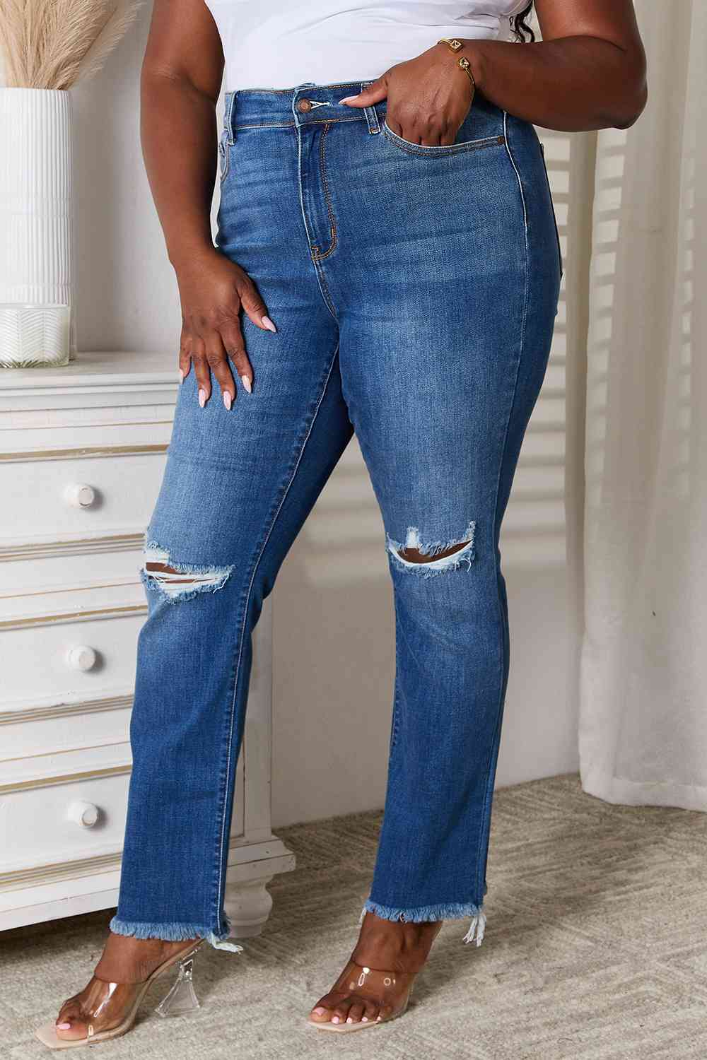 Judy Blue Full Size Distressed Raw Hem Jeans - Premium Jeans -  Follower Of Faith Apparel Judy Blue, Judy blue jeans, Kancan Kendra High Rise Distressed Jeans, ladies jeans, raw hem jeans, Ship from USA Shop our Christian T-Shirts & Apparel