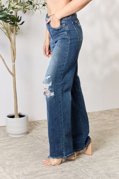 Judy Blue Full Size High Waist 90's Distressed Straight Ladies Jeans - Premium Jeans -  Follower Of Faith Apparel 90’s style judy blue jeans, best seller Judy blue, denim distressed jeans, distressed jeans, highly distressed ladies jeans, JB Judy Blue, Judy Blue, Judy blue high waisted, Judy Blue Jeans, Judy blue straight leg, Ladies Jeans, Ship from USA, straight leg Shop our Christian T-Shirts & Apparel