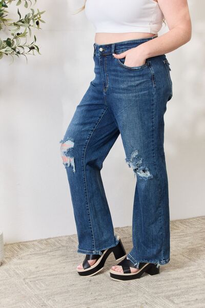 Judy Blue Full Size High Waist 90's Distressed Straight Ladies Jeans - Premium Jeans -  Follower Of Faith Apparel 90’s style judy blue jeans, best seller Judy blue, denim distressed jeans, distressed jeans, highly distressed ladies jeans, JB Judy Blue, Judy Blue, Judy blue high waisted, Judy Blue Jeans, Judy blue straight leg, Ladies Jeans, Ship from USA, straight leg Shop our Christian T-Shirts & Apparel