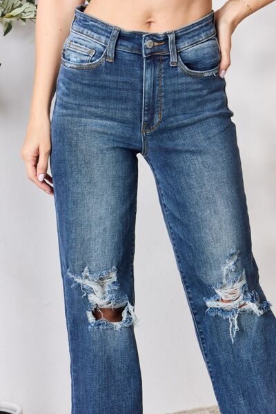 Judy Blue Full Size High Waist 90's Distressed Straight Ladies Jeans - Premium Jeans -  Follower Of Faith Apparel 90’s style judy blue jeans, best seller Judy blue, denim distressed jeans, distressed jeans, highly distressed ladies jeans, JB Judy Blue, Judy Blue, Judy blue high waisted, Judy Blue Jeans, Judy blue straight leg, Ladies Jeans, Ship from USA, straight leg Shop our Christian T-Shirts & Apparel