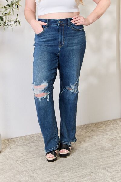 Judy Blue Full Size High Waist 90's Distressed Straight Ladies Jeans - Premium Jeans -  Follower Of Faith Apparel 90’s style judy blue jeans, best seller Judy blue, denim distressed jeans, distressed jeans, highly distressed ladies jeans, JB Judy Blue, Judy Blue, Judy blue high waisted, Judy Blue Jeans, Judy blue straight leg, Ladies Jeans, Ship from USA, straight leg Shop our Christian T-Shirts & Apparel