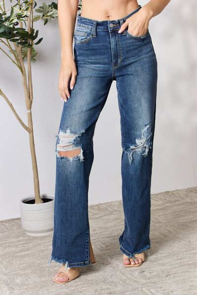 Judy Blue Full Size High Waist 90's Distressed Straight Ladies Jeans - Premium Jeans -  Follower Of Faith Apparel 90’s style judy blue jeans, best seller Judy blue, denim distressed jeans, distressed jeans, highly distressed ladies jeans, JB Judy Blue, Judy Blue, Judy blue high waisted, Judy Blue Jeans, Judy blue straight leg, Ladies Jeans, Ship from USA, straight leg Shop our Christian T-Shirts & Apparel