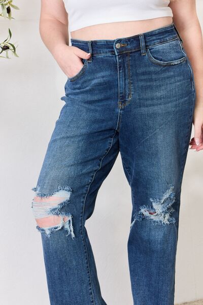 Judy Blue Full Size High Waist 90's Distressed Straight Ladies Jeans - Premium Jeans -  Follower Of Faith Apparel 90’s style judy blue jeans, best seller Judy blue, denim distressed jeans, distressed jeans, highly distressed ladies jeans, JB Judy Blue, Judy Blue, Judy blue high waisted, Judy Blue Jeans, Judy blue straight leg, Ladies Jeans, Ship from USA, straight leg Shop our Christian T-Shirts & Apparel