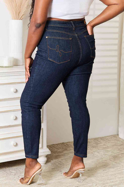 Judy Blue Full Size High Waist Pocket Embroidered Skinny Jeans - Premium Jeans -  Follower Of Faith Apparel 2 day delivery, Black Friday, dark denim jeans, denim jeans, high rise jeans, high waist, high waist jeans, high waisted jeans, jeans, Judy Blue, Judy blue jeans, Ladies blue Jeans, Long Length Jeans, Ship from USA, skinny jeans Shop our Christian T-Shirts & Apparel