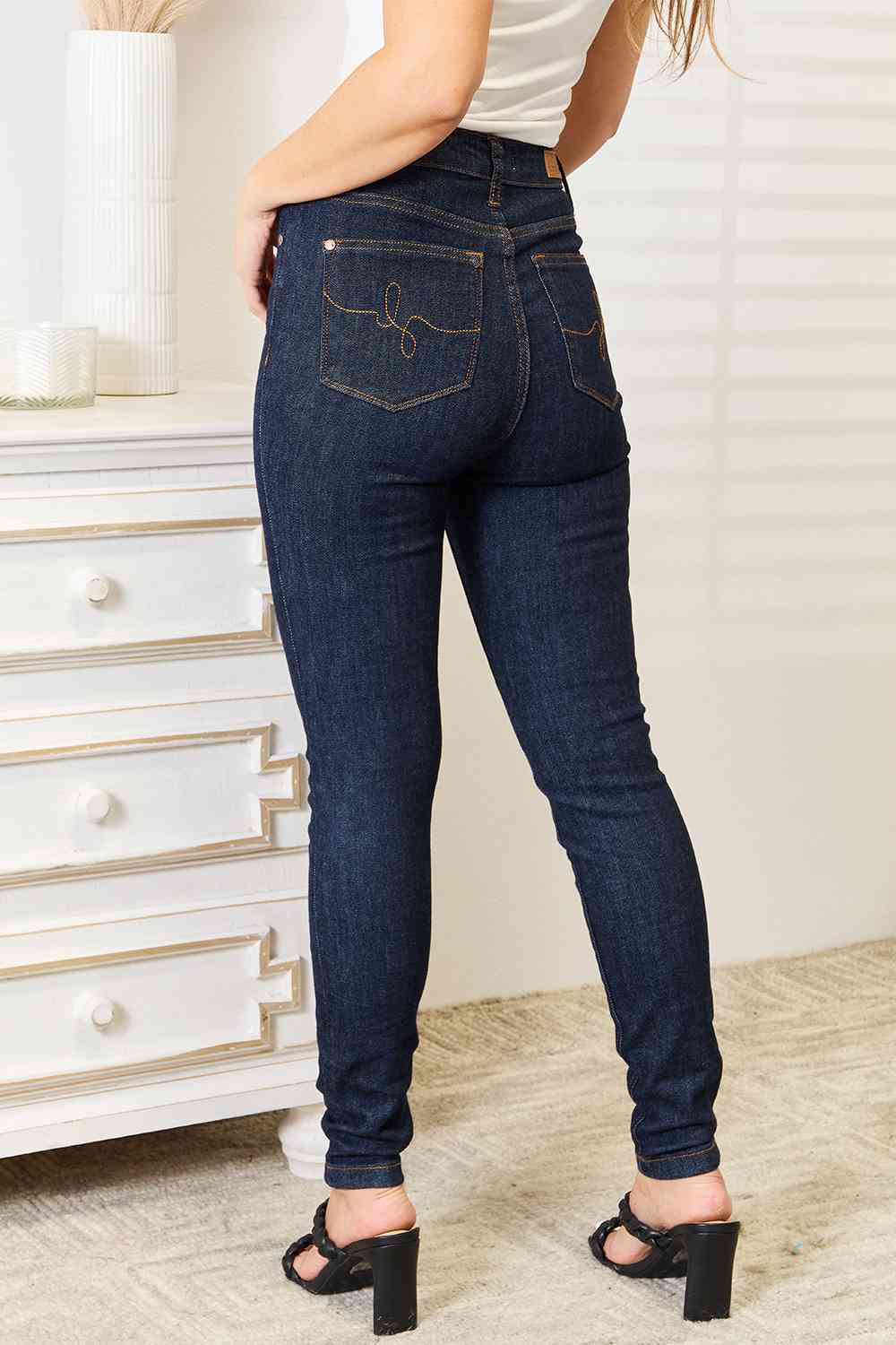 Judy Blue Full Size High Waist Pocket Embroidered Skinny Jeans - Premium Jeans -  Follower Of Faith Apparel 2 day delivery, Black Friday, dark denim jeans, denim jeans, high rise jeans, high waist, high waist jeans, high waisted jeans, jeans, Judy Blue, Judy blue jeans, Ladies blue Jeans, Long Length Jeans, Ship from USA, skinny jeans Shop our Christian T-Shirts & Apparel