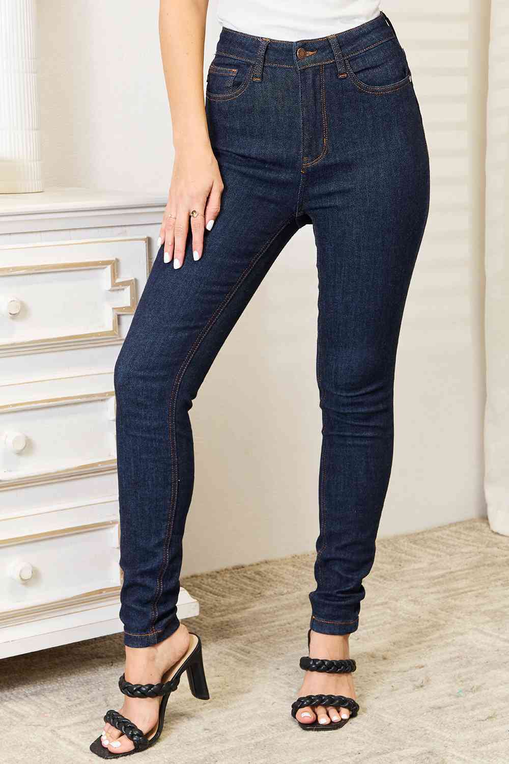 Judy Blue Full Size High Waist Pocket Embroidered Skinny Jeans - Premium Jeans -  Follower Of Faith Apparel 2 day delivery, Black Friday, dark denim jeans, denim jeans, high rise jeans, high waist, high waist jeans, high waisted jeans, jeans, Judy Blue, Judy blue jeans, Ladies blue Jeans, Long Length Jeans, Ship from USA, skinny jeans Shop our Christian T-Shirts & Apparel