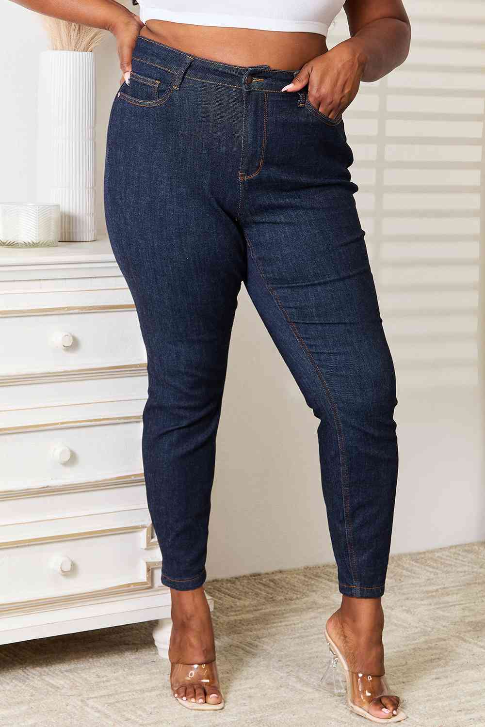 Judy Blue Full Size High Waist Pocket Embroidered Skinny Jeans - Premium Jeans -  Follower Of Faith Apparel 2 day delivery, Black Friday, dark denim jeans, denim jeans, high rise jeans, high waist, high waist jeans, high waisted jeans, jeans, Judy Blue, Judy blue jeans, Ladies blue Jeans, Long Length Jeans, Ship from USA, skinny jeans Shop our Christian T-Shirts & Apparel