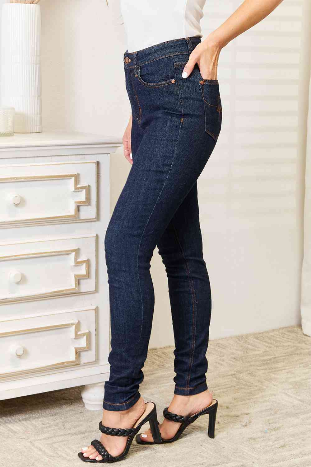 Judy Blue Full Size High Waist Pocket Embroidered Skinny Jeans - Premium Jeans -  Follower Of Faith Apparel 2 day delivery, Black Friday, dark denim jeans, denim jeans, high rise jeans, high waist, high waist jeans, high waisted jeans, jeans, Judy Blue, Judy blue jeans, Ladies blue Jeans, Long Length Jeans, Ship from USA, skinny jeans Shop our Christian T-Shirts & Apparel