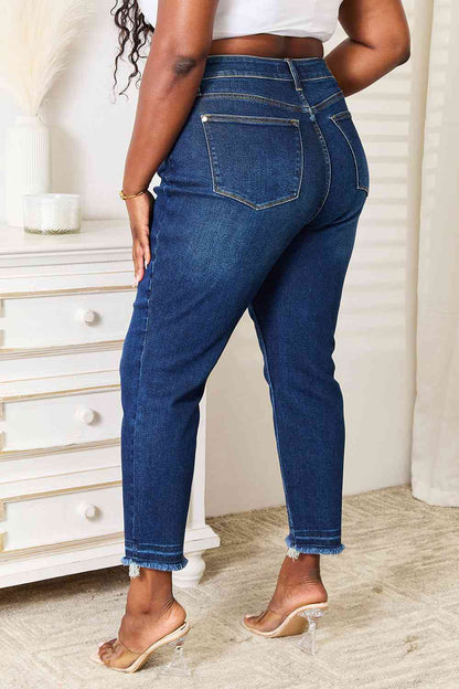 Judy Blue Full Size High Waist Released Hem Slit Jeans - Premium Jeans -  Follower Of Faith Apparel best seller Judy blue, Black Friday, dark denim jeans, Judy Blue, Judy blue high rise jeans, judy blue high waist jeans, Judy blue high waisted, Judy Blue Jeans, Judy blue raw hem, raw hem, Ship from USA Shop our Christian T-Shirts & Apparel