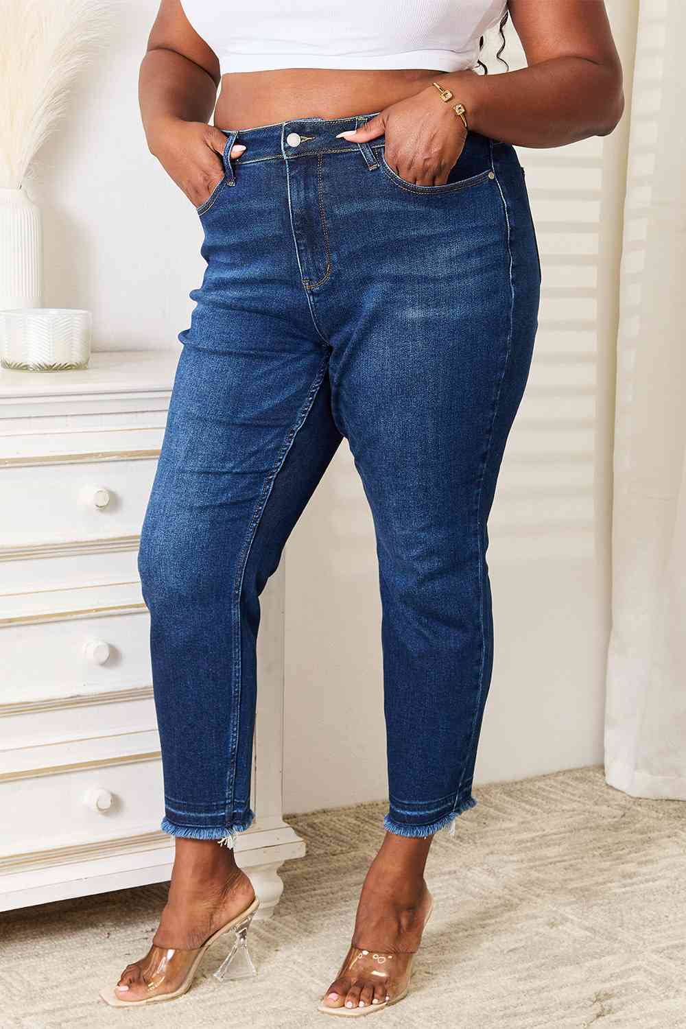 Judy Blue Full Size High Waist Released Hem Slit Jeans - Premium Jeans -  Follower Of Faith Apparel best seller Judy blue, Black Friday, dark denim jeans, Judy Blue, Judy blue high rise jeans, judy blue high waist jeans, Judy blue high waisted, Judy Blue Jeans, Judy blue raw hem, raw hem, Ship from USA Shop our Christian T-Shirts & Apparel