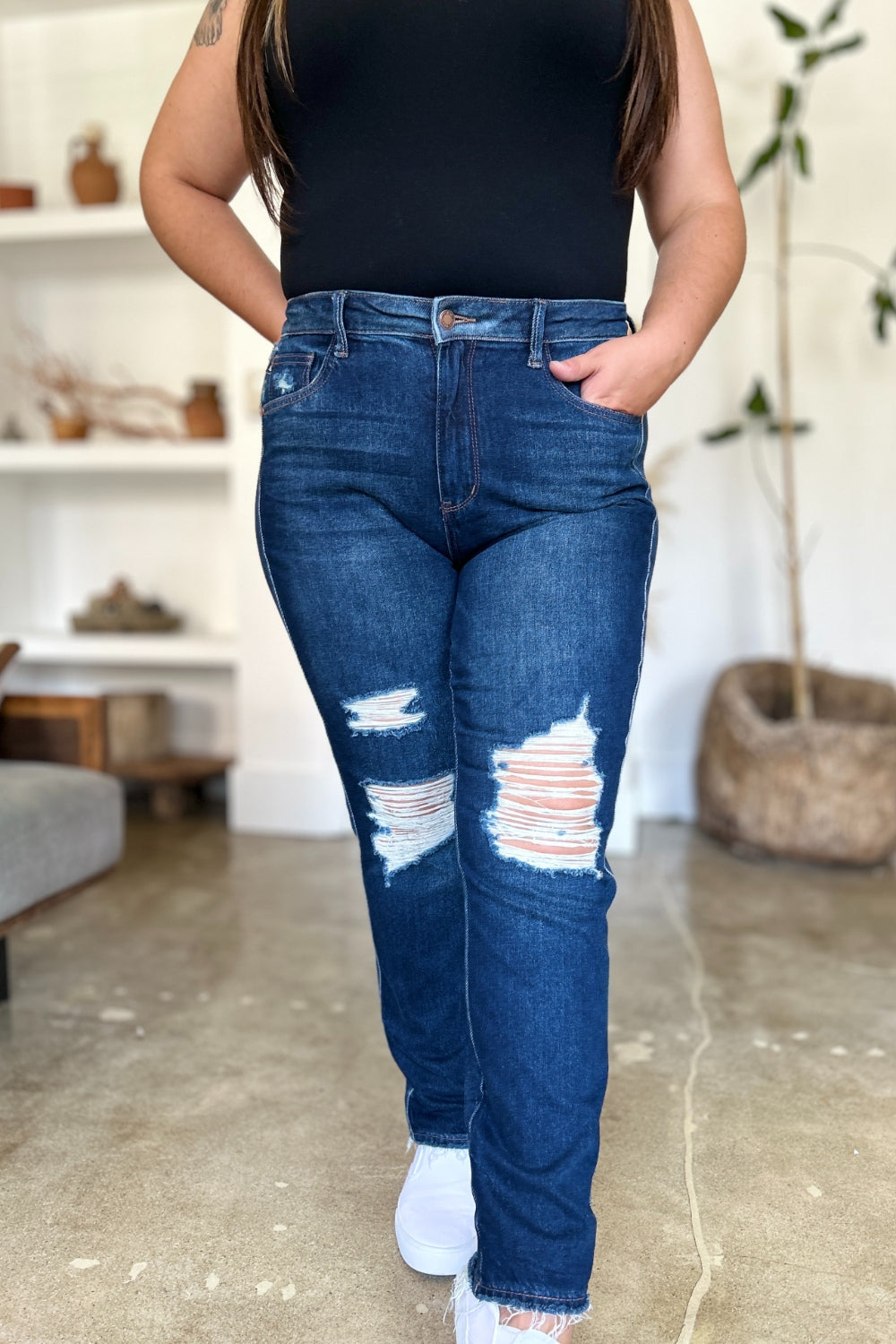 Judy Blue High Waist Rigid Magic Heavy Destroy Straight Jeans - Premium Ladies jeans -  Follower Of Faith Apparel denim distressed jeans, Destroyed judy blue jeans, distressed, Fast delivery, fast shipping, high rise, High rise judy blue, highly distressed ladies jeans, Judy Blue, judy blue destroy knee, Ladies Jeans, Magic judy blue jeans, Ship from USA, Womens clothing, womens jeans, Womens Judy Blue Shop our Christian T-Shirts & Apparel