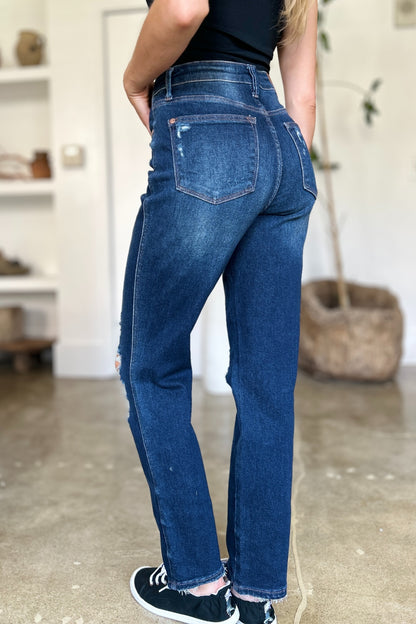 Judy Blue High Waist Rigid Magic Heavy Destroy Straight Jeans - Premium Ladies jeans -  Follower Of Faith Apparel denim distressed jeans, Destroyed judy blue jeans, distressed, Fast delivery, fast shipping, high rise, High rise judy blue, highly distressed ladies jeans, Judy Blue, judy blue destroy knee, Ladies Jeans, Magic judy blue jeans, Ship from USA, Womens clothing, womens jeans, Womens Judy Blue Shop our Christian T-Shirts & Apparel