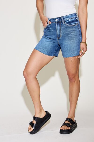 Judy Blue Full Size High Waist Slim Denim Shorts - Premium Ladies Shorts -  Follower Of Faith Apparel Denim, Denim shorts, fringe hem shorts by judy blue, JB Judy Blue, Judy Blue, Judy Blue high waist shorts, judy blue raw hem shorts, raw hem shorts, Sale, Ship from USA Shop our Christian T-Shirts & Apparel