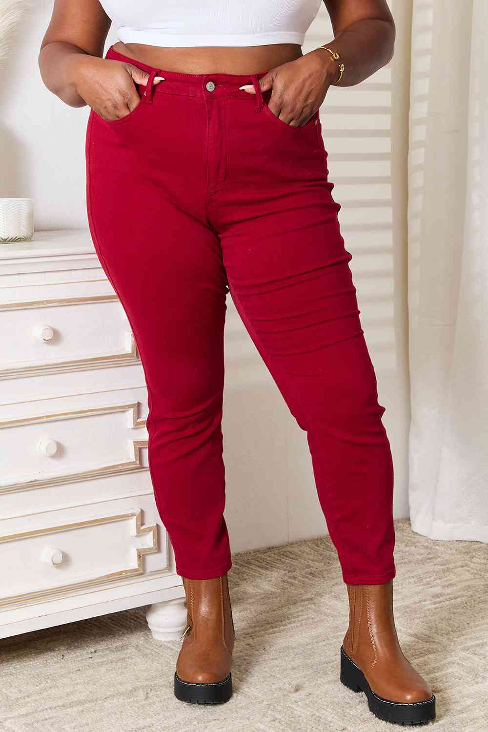 Judy Blue Full Size High Waist Tummy Control Skinny Jeans - Premium  -  Follower Of Faith Apparel Black Friday, high waist, high waist jeans, high waisted jeans, Judy Blue, Judy blue high rise jeans, judy blue high waist jeans, Judy blue high waisted, ladies high rise jeans, Ship from USA, Tummy control jeans Shop our Christian T-Shirts & Apparel