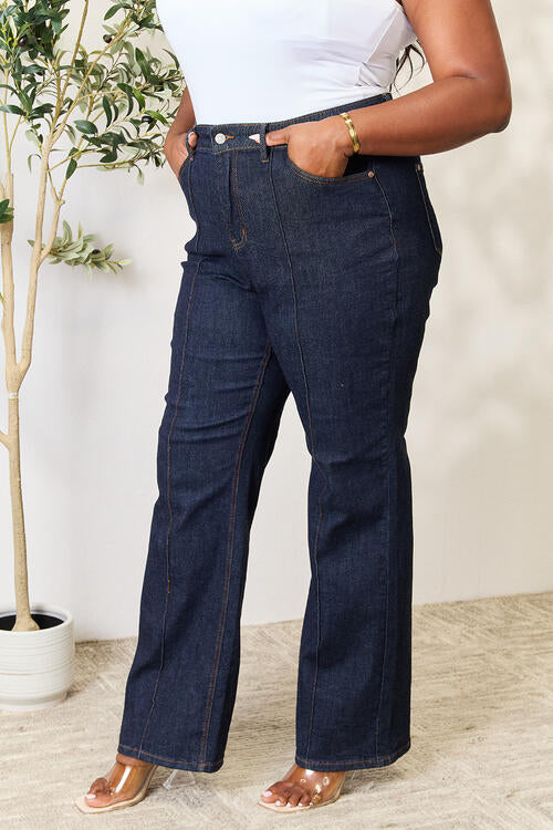 Judy Blue Full Size High Waist Wide Leg Jeans - Premium Jeans -  Follower Of Faith Apparel Black Friday, boot cut jeans, dark denim jeans, denim distressed jeans, denim jeans, high rise jeans, high waist jeans, high waisted jeans, jeans, Judy blue, judy blue high waist jeans, Judy Blue Jeans, Ladies blue Jeans, Long Length Jeans, new, new arrival, new arrivals, Ship from USA Shop our Christian T-Shirts & Apparel