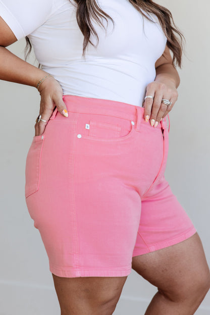 Judy Blue Jenna High Rise Control Top Cuffed Shorts in Pink - Premium Ladies shorts -  Follower Of Faith Apparel 150285, 1XL, 2-21-2024, 2XL, 3-28-2024, 3-6-2024, 3XL, 4-11-2024, 4-4-2024, Bottoms, Control top judy blue shorts, Denim, flatrate, JB Judy Blue, JB2-21-2024, JBAvailableNow, Judy Blue, Judy blue Colored shorts, Judy blue cuff, Judy blue pink shorts, Large, Medium, new, new arrival, new arrivals, Sale, Shorts, Small, Womens pink denim shorts by judy blue, XL Shop our Christian T-Shirts & Apparel