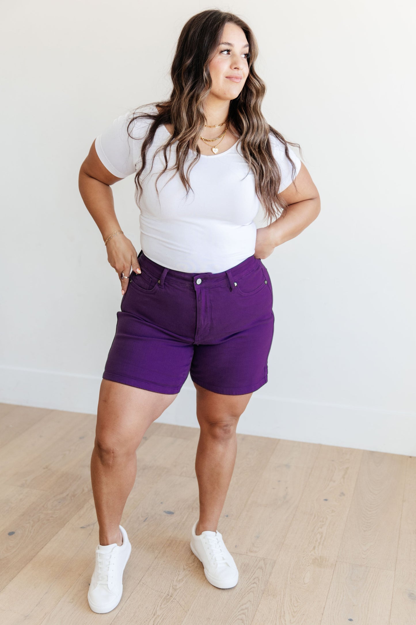 Judy Blue Jenna High Rise Control Top Cuffed Shorts in Purple - Premium Ladies shorts -  Follower Of Faith Apparel150268, 1XL, 2-21-2024, 2XL, 3XL, Bottoms, Control top., Denim, flatrate, JB Judy Blue, JB2-21-2024, JBAvailableNow, Judy Blue, Judy blue colorful shorts, Judy blue control top shorts in purple, Judy blue purple shorts, Judy blue shorts, Judy blue tummy control, Large, Medium, new, new arrival, new arrivals, Sale, Small, stretchy, Stretchy shorts, XL Shop our Christian T-Shirts & Apparel