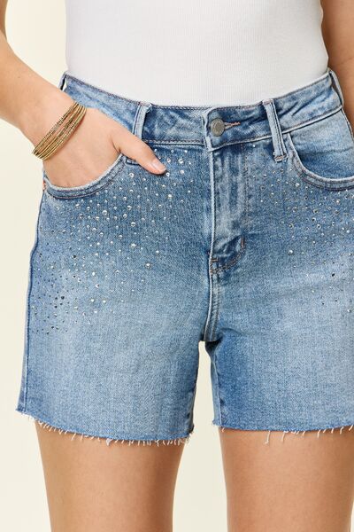 Judy Blue Jenny High Waist Rhinestone Denim Shorts - Premium Ladies shorts -  Follower Of Faith Apparel Fast delivery, fast shipping, fringe hem shorts by judy blue, JB Judy Blue, Judy Blue, Judy blue distressed, Judy Blue high waist shorts, Judy blue high waisted, judy blue raw hem shorts, Judy blue shorts, Judy blue tummy control, Judy blue tummy control shorts, new arrival, new arrivals, Sale, Ship from USA Shop our Christian T-Shirts & Apparel