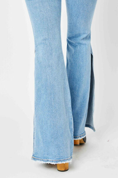 Judy Blue Mid Rise Raw Hem Slit Flare Jeans - Premium Jeans -  Follower Of Faith Apparel 01/03/2024, best seller Judy blue, JB Judy Blue, Judy Blue, Judy blue distressed, Judy Blue Jeans, Judy blue mid rise jeans, Judy Blue Mid Rise Raw Hem Slit Flare Jeans, Judy blue raw hem, mid rise, midrise, Midrise jeans, Raw hem, raw hem jeans, Sale, Ship from USA Shop our Christian T-Shirts & Apparel