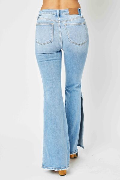 Judy Blue Mid Rise Raw Hem Slit Flare Jeans - Premium Jeans -  Follower Of Faith Apparel 01/03/2024, best seller Judy blue, JB Judy Blue, Judy Blue, Judy blue distressed, Judy Blue Jeans, Judy blue mid rise jeans, Judy Blue Mid Rise Raw Hem Slit Flare Jeans, Judy blue raw hem, mid rise, midrise, Midrise jeans, Raw hem, raw hem jeans, Sale, Ship from USA Shop our Christian T-Shirts & Apparel