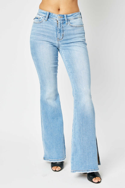 Judy Blue Mid Rise Raw Hem Slit Flare Jeans - Premium Jeans -  Follower Of Faith Apparel 01/03/2024, best seller Judy blue, JB Judy Blue, Judy Blue, Judy blue distressed, Judy Blue Jeans, Judy blue mid rise jeans, Judy Blue Mid Rise Raw Hem Slit Flare Jeans, Judy blue raw hem, mid rise, midrise, Midrise jeans, Raw hem, raw hem jeans, Sale, Ship from USA Shop our Christian T-Shirts & Apparel