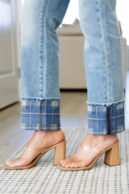 Judy Blue Miranda High Rise Plaid Cuff Vintage Straight Jeans - Premium Womens -  Follower Of Faith Apparel 0/24, 1/25, 10-10-2023, 11/30, 13/31, 14W, 15/32, 16W, 18W, 20W, 22W, 24W, 3/26, 5/27, 6-28-2023, 7/28, 9/29, ASF11-10-2023, ASF11-9-2023, ASF8-3-2023, ASFWINTER23, Ave Marketplace, Bottoms, Clearance20, D23, Denim, flatrate, Indoor, Jayci, JB6-28-2023, JBAvailableNow, Jeans, Judy Blue, Lifestyle, Sarah, winter23 Shop our Christian T-Shirts & Apparel