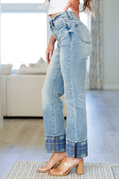 Judy Blue Miranda High Rise Plaid Cuff Vintage Straight Jeans - Premium Womens -  Follower Of Faith Apparel 0/24, 1/25, 10-10-2023, 11/30, 13/31, 14W, 15/32, 16W, 18W, 20W, 22W, 24W, 3/26, 5/27, 6-28-2023, 7/28, 9/29, ASF11-10-2023, ASF11-9-2023, ASF8-3-2023, ASFWINTER23, Ave Marketplace, Bottoms, Clearance20, D23, Denim, flatrate, Indoor, Jayci, JB6-28-2023, JBAvailableNow, Jeans, Judy Blue, Lifestyle, Sarah, winter23 Shop our Christian T-Shirts & Apparel