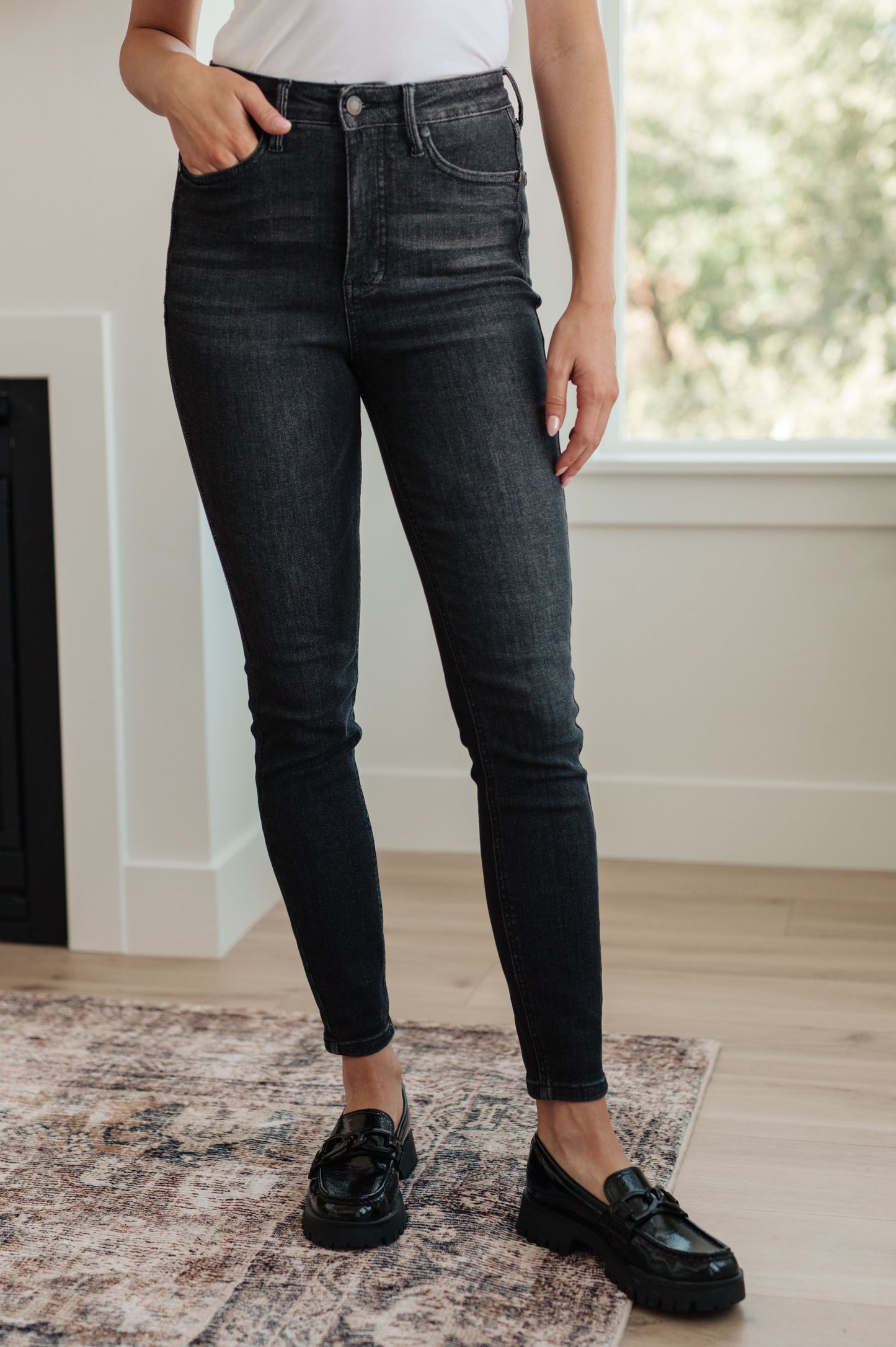 Judy Blue Octavia High Rise Control Top Skinny Jeans in Washed Black - Premium Jeans -  Follower Of Faith Apparel0/24, 1/25, 11-1-2023, 11-13-2023, 11-21-2023, 11/30, 13/31, 14W, 15/32, 16W, 18W, 20W, 22W, 24W, 3/26, 5/27, 7/28, 9/29, ASF12-1-2023, black wash jeans, black washed, Bottoms, Denim, flatrate, Indoor, JB Judy Blue, JB11-1-2023, JB20, JBAvailableNow, Judy Blue, Judy blue high rise jeans, judy blue high waist jeans, Judy Blue Jeans, Kylie, Lifestyle, Sabrina Shop our Christian T-Shirts & Apparel