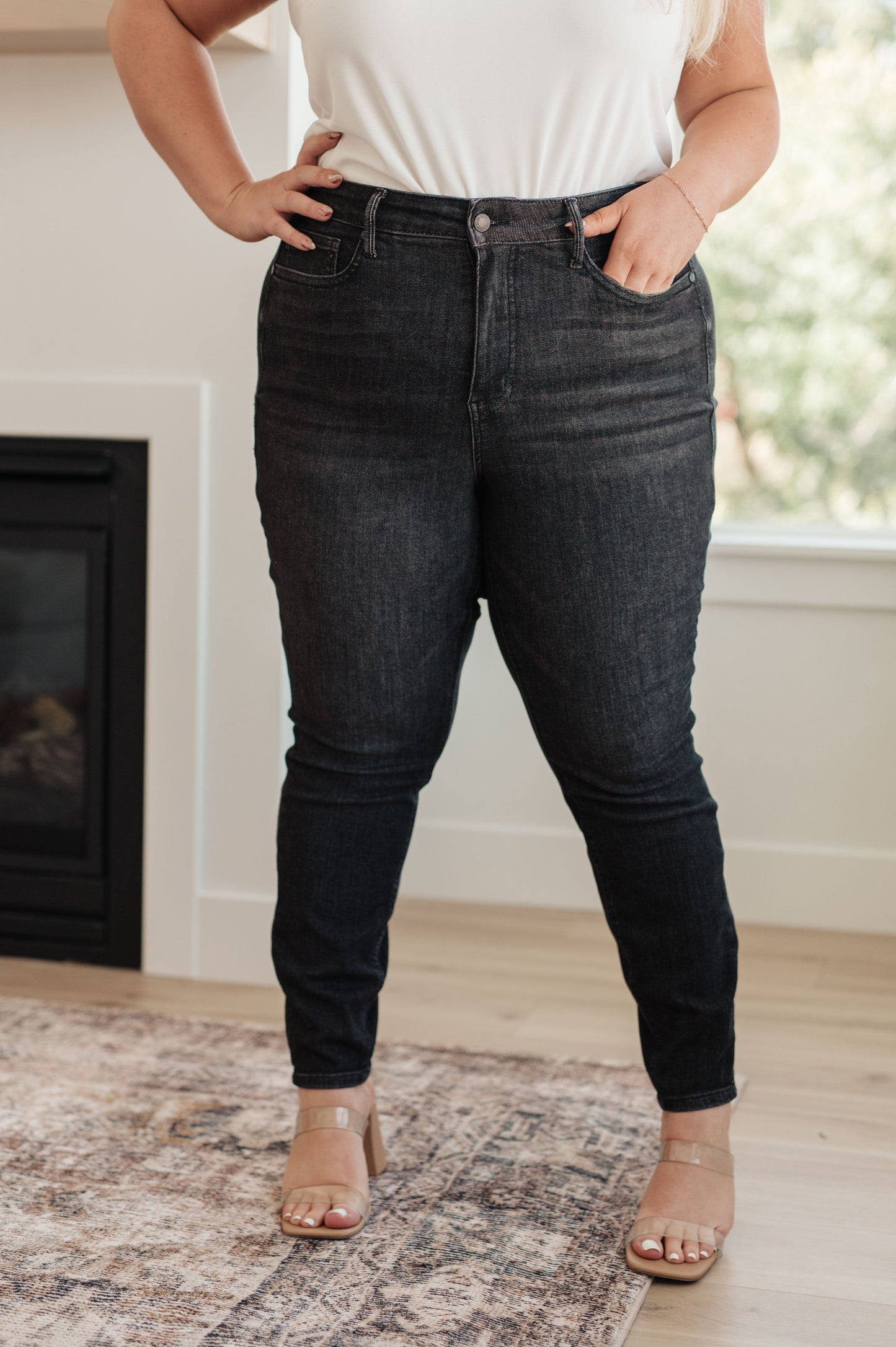 Judy Blue Octavia High Rise Control Top Skinny Jeans in Washed Black - Premium Jeans -  Follower Of Faith Apparel0/24, 1/25, 11-1-2023, 11-13-2023, 11-21-2023, 11/30, 13/31, 14W, 15/32, 16W, 18W, 20W, 22W, 24W, 3/26, 5/27, 7/28, 9/29, ASF12-1-2023, black wash jeans, black washed, Bottoms, Denim, flatrate, Indoor, JB Judy Blue, JB11-1-2023, JB20, JBAvailableNow, Judy Blue, Judy blue high rise jeans, judy blue high waist jeans, Judy Blue Jeans, Kylie, Lifestyle, Sabrina Shop our Christian T-Shirts & Apparel