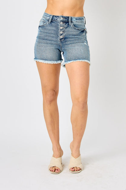 Judy Blue Skylar Button Fly Raw Hem Denim Shorts - Premium Ladies shorts -  Follower Of Faith Apparel best seller Judy blue, Blue judy blue shorts, Button fly, Fast delivery, fast shipping, fringe hem shorts by judy blue, Judy Blue, Judy blue raw hem, judy blue raw hem shorts, Judy blue shorts, Ladies Shorts, new arrival, new arrivals, Sale, Ship from USA, Womens shorts, Womens summer clothing, Womens summer shorts Shop our Christian T-Shirts & Apparel