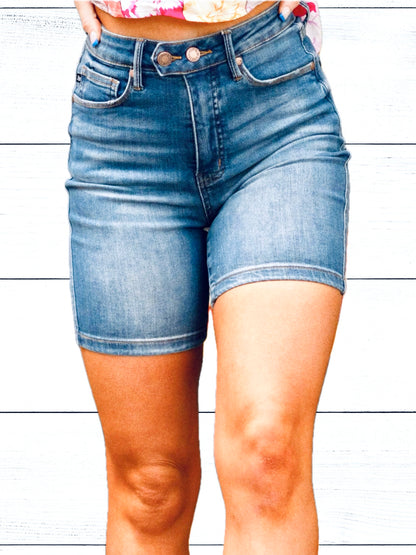 Judy Blue Tummy Control Double Button Bermuda Denim Shorts - Premium Ladies shorts -  Follower Of Faith Apparel Denim shorts, Distressed shorts, Fast delivery, fast shipping, Judy Blue, Ladies Shorts, Sale, Ship from USA Shop our Christian T-Shirts & Apparel