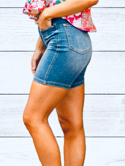 Judy Blue Tummy Control Double Button Bermuda Denim Shorts - Premium Ladies shorts -  Follower Of Faith Apparel Denim shorts, Distressed shorts, Fast delivery, fast shipping, Judy Blue, Ladies Shorts, Sale, Ship from USA Shop our Christian T-Shirts & Apparel