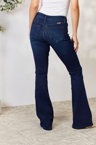 Kancan Full Size Mid Rise Flare Jeans - Premium Jeans -  Follower Of Faith Apparel Bootcut jeans, dark denim jeans, denim jeans, distressed jeans, Kancan, Kancan Jeans, Ladies Jeans, Long Length Jeans, Midrise jeans, Midrise risen jeans, raw hem jeans, Ship from USA Shop our Christian T-Shirts & Apparel