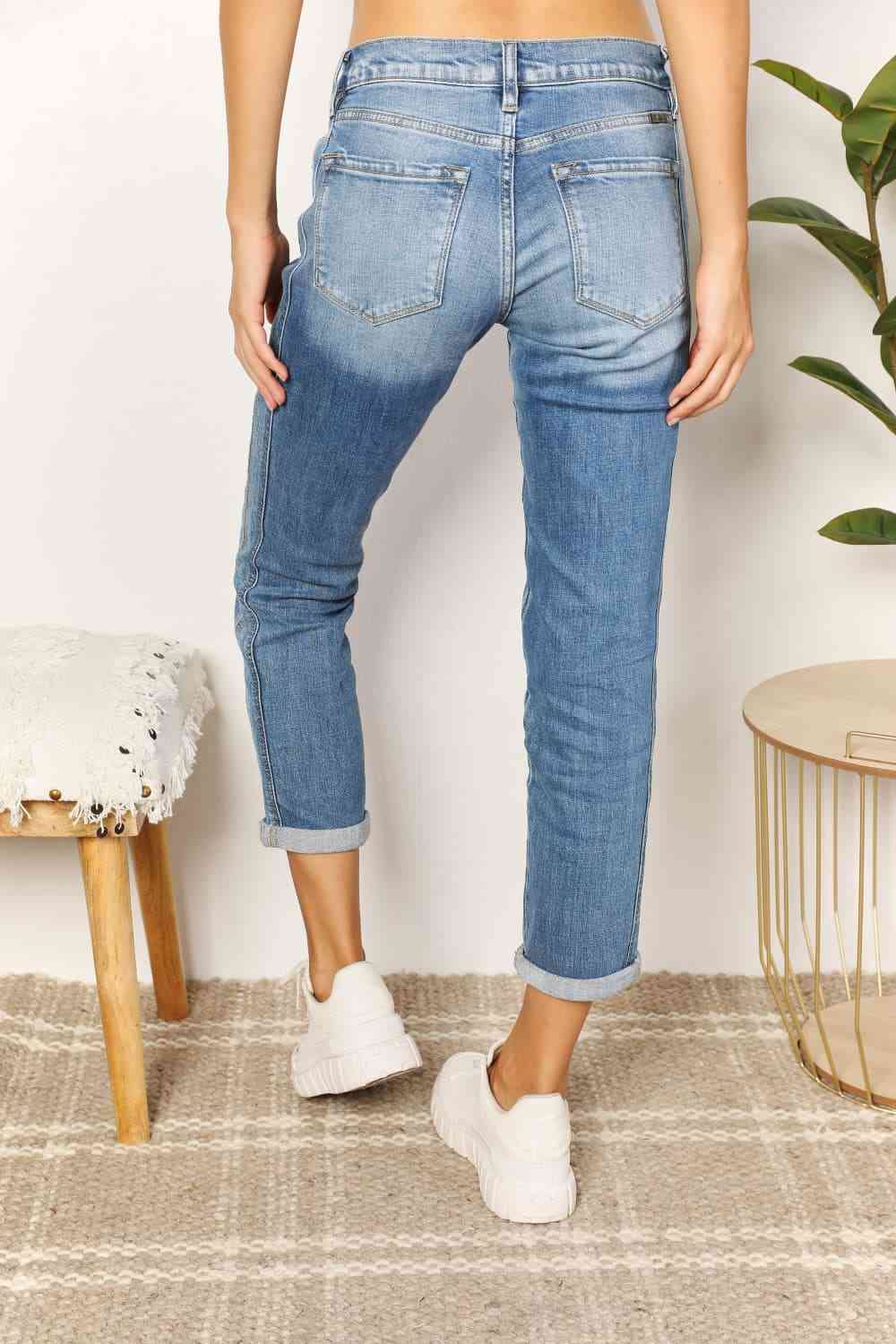 Kancan Full Size Mid Rise Slim Boyfriend Ladies Jeans - Premium Jeans -  Follower Of Faith Apparel denim distressed jeans, denim jeans, distressed jeans, high rise RISEN jeans, high waist jeans, jeans, Kancan, Kancan Jeans, kancan midrise, Ladies blue Jeans, Ladies Jeans, new arrival, new arrivals, Ship from USA, skinny jeans Shop our Christian T-Shirts & Apparel