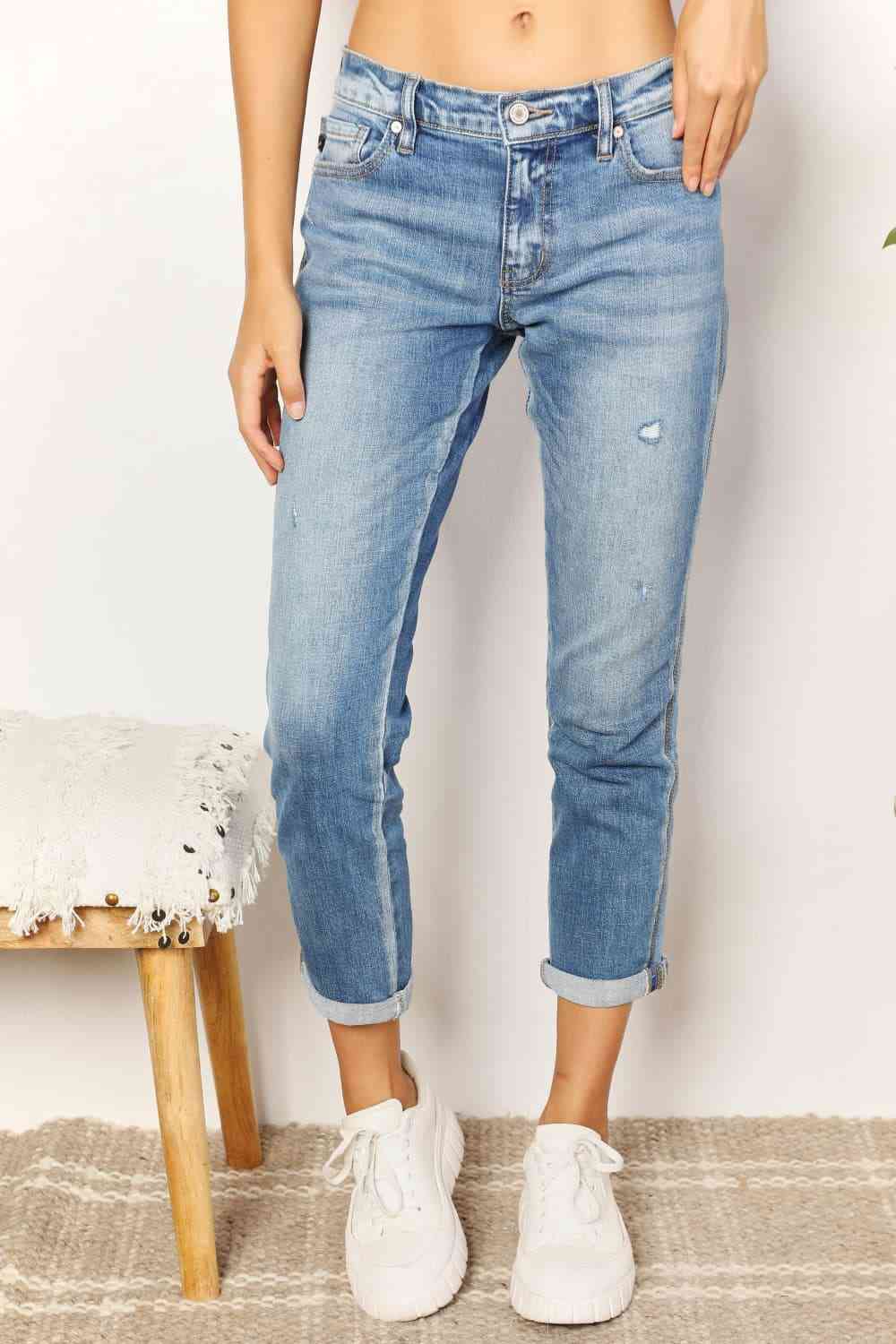 Kancan Full Size Mid Rise Slim Boyfriend Ladies Jeans - Premium Jeans -  Follower Of Faith Apparel denim distressed jeans, denim jeans, distressed jeans, high rise RISEN jeans, high waist jeans, jeans, Kancan, Kancan Jeans, kancan midrise, Ladies blue Jeans, Ladies Jeans, new arrival, new arrivals, Ship from USA, skinny jeans Shop our Christian T-Shirts & Apparel